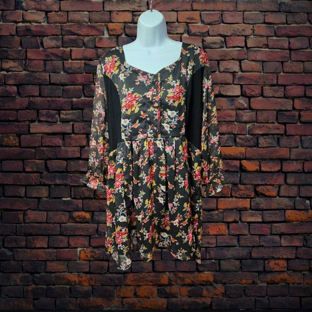 Joe Browns Floral Mini Dress‎ Women's Size 18 Lined Long Sleeve Boho